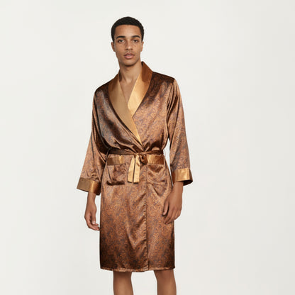 Anna-Kaci Men's Paisley Print Satin Robe with Contrast Shawl Collar and Waist Tie