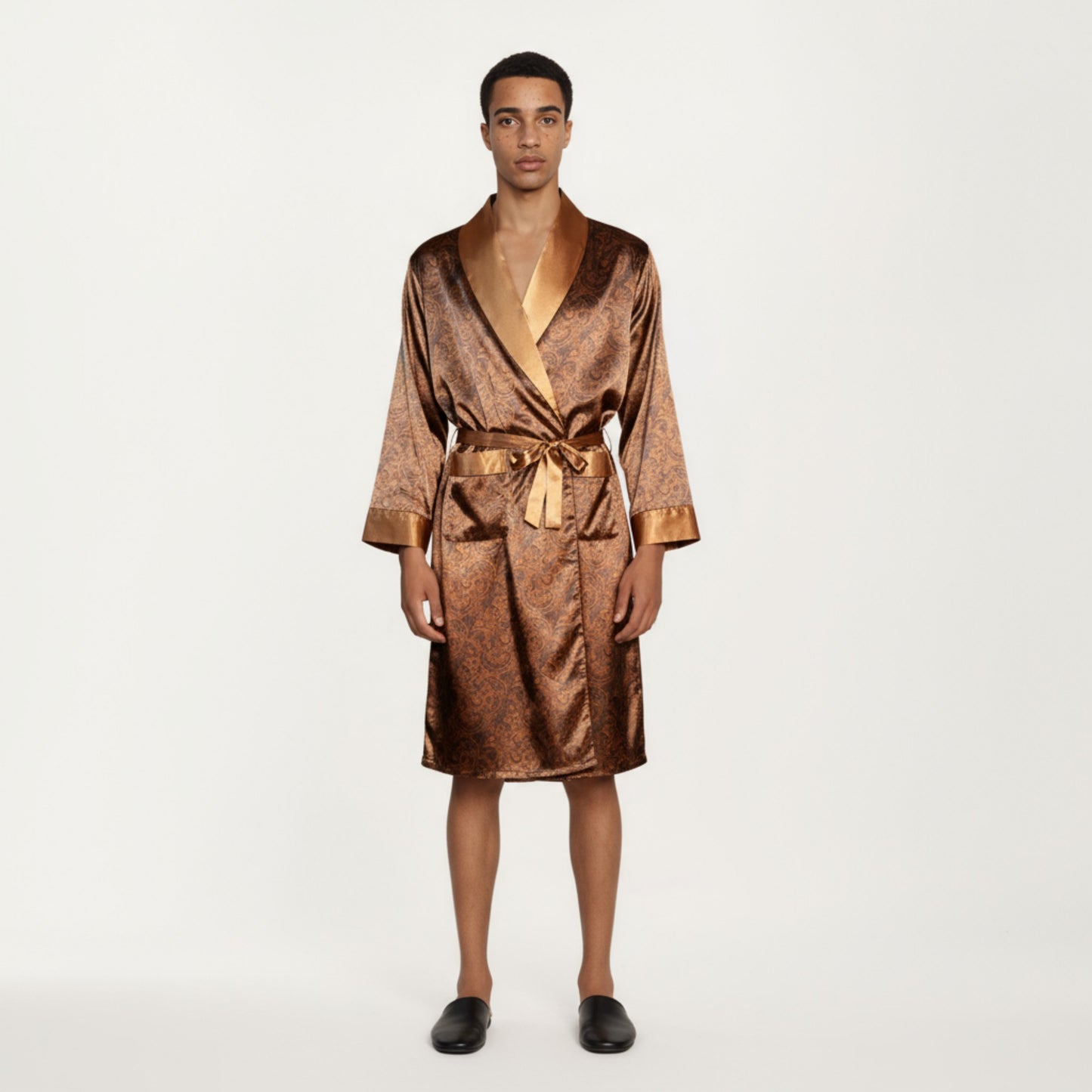 Anna-Kaci Men's Paisley Print Satin Robe with Contrast Shawl Collar and Waist Tie