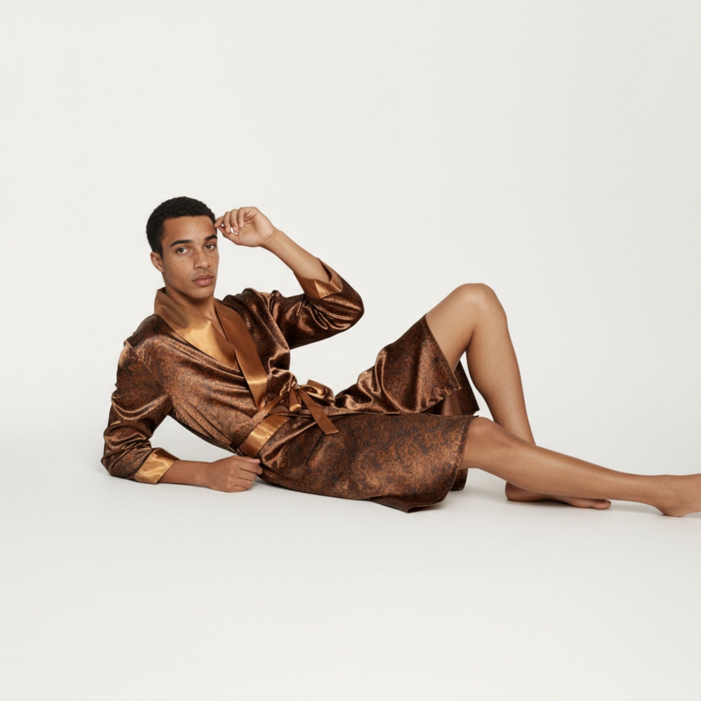 Anna-Kaci Men's Paisley Print Satin Robe with Contrast Shawl Collar and Waist Tie