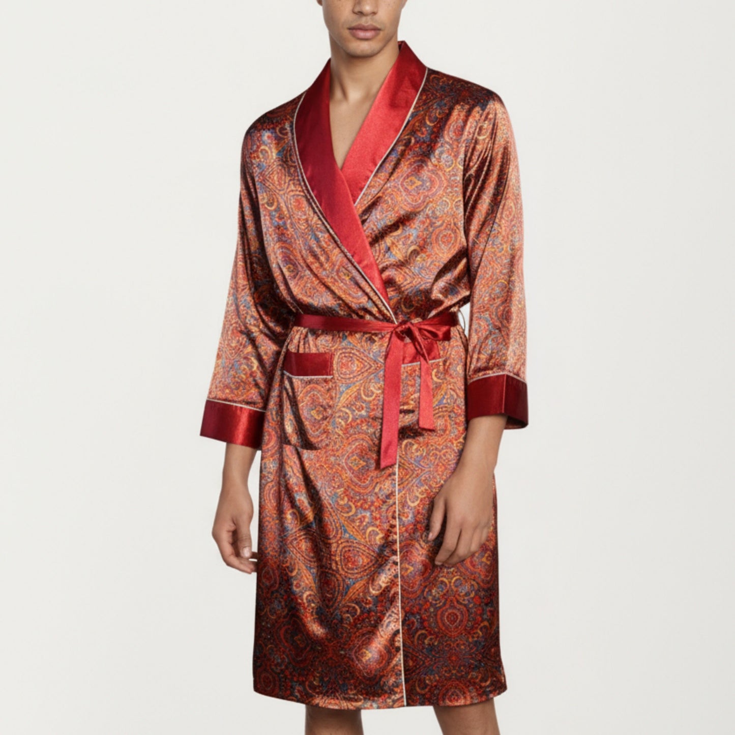 Anna-Kaci Men's Paisley Print Satin Robe with Contrast Shawl Collar and Waist Tie
