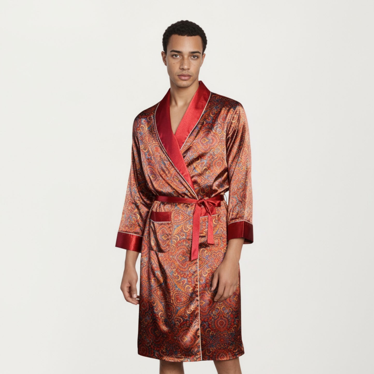 Anna-Kaci Men's Paisley Print Satin Robe with Contrast Shawl Collar and Waist Tie