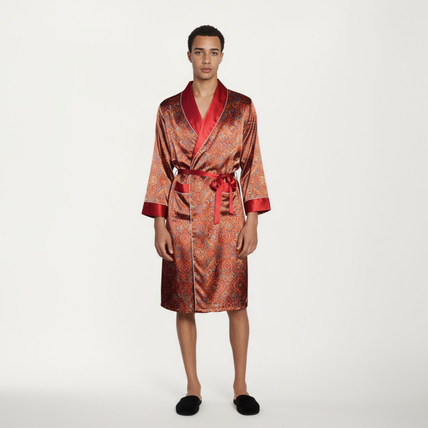 Anna-Kaci Men's Paisley Print Satin Robe with Contrast Shawl Collar and Waist Tie