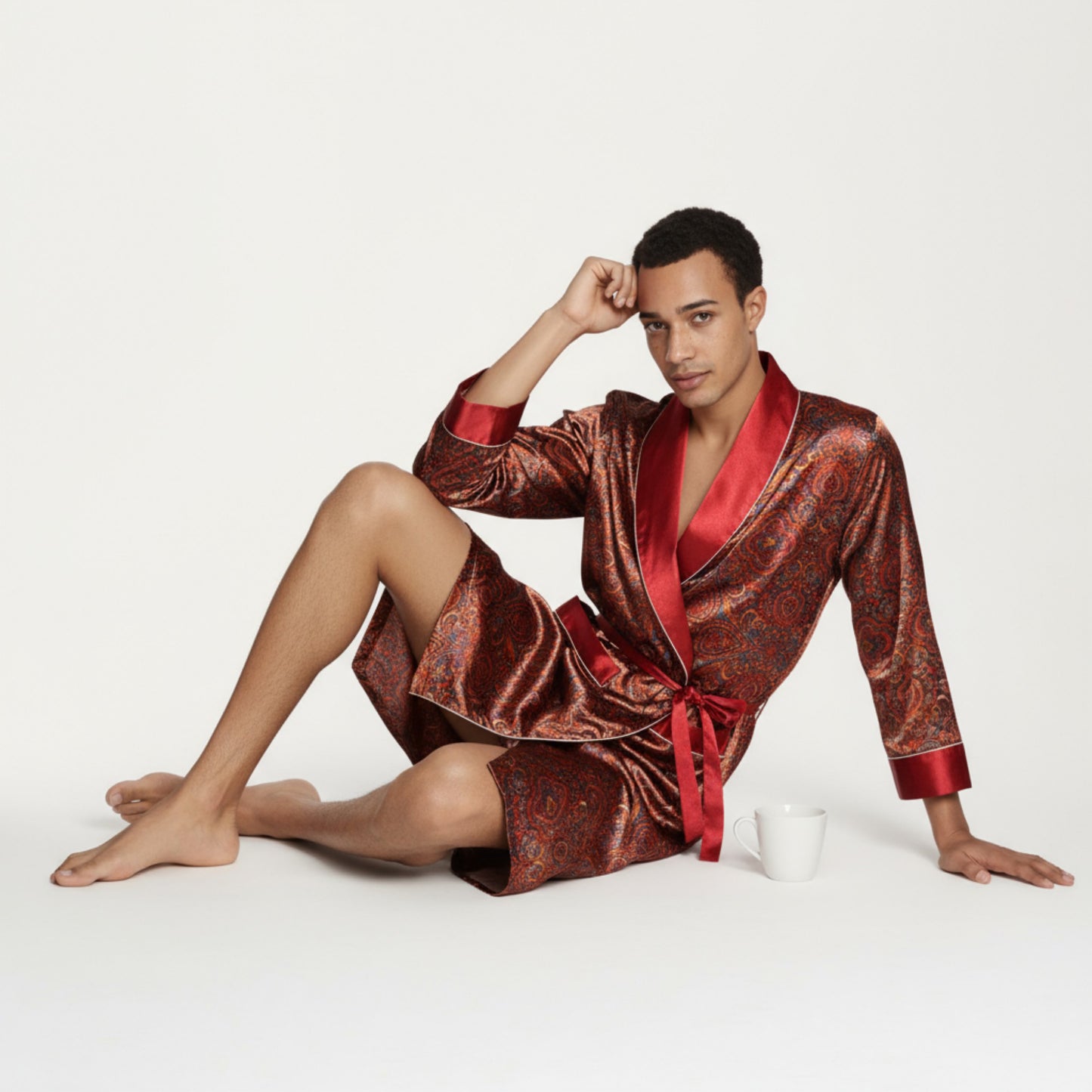 Anna-Kaci Men's Paisley Print Satin Robe with Contrast Shawl Collar and Waist Tie