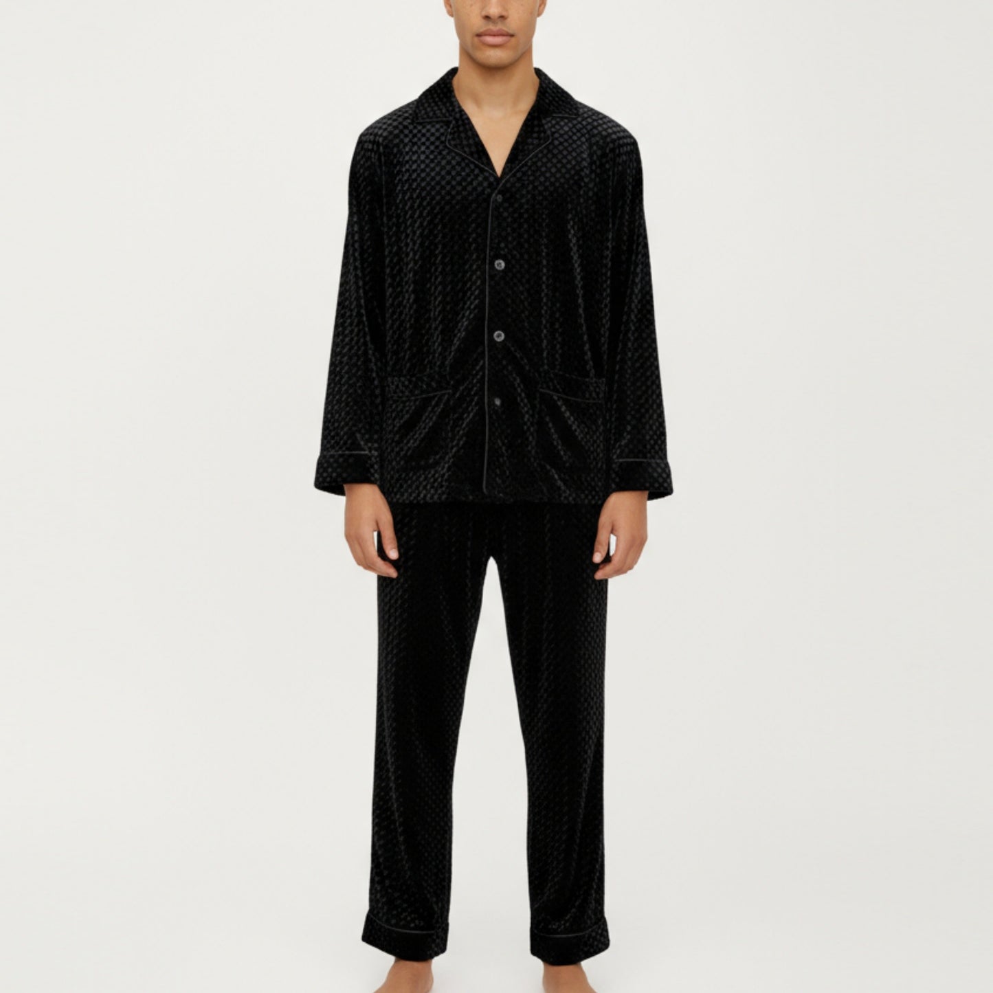 Anna-Kaci Men's 2-Piece Set Textured Velvet Pajamas with Button-Up Top and Straight-Leg Pants