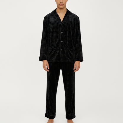 Anna-Kaci Men's 2-Piece Set Textured Velvet Pajamas with Button-Up Top and Straight-Leg Pants