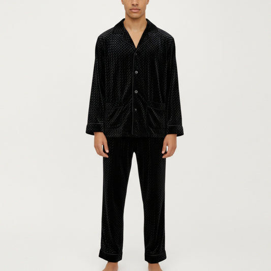 Anna-Kaci Men's 2-Piece Set Textured Velvet Pajamas with Button-Up Top and Straight-Leg Pants