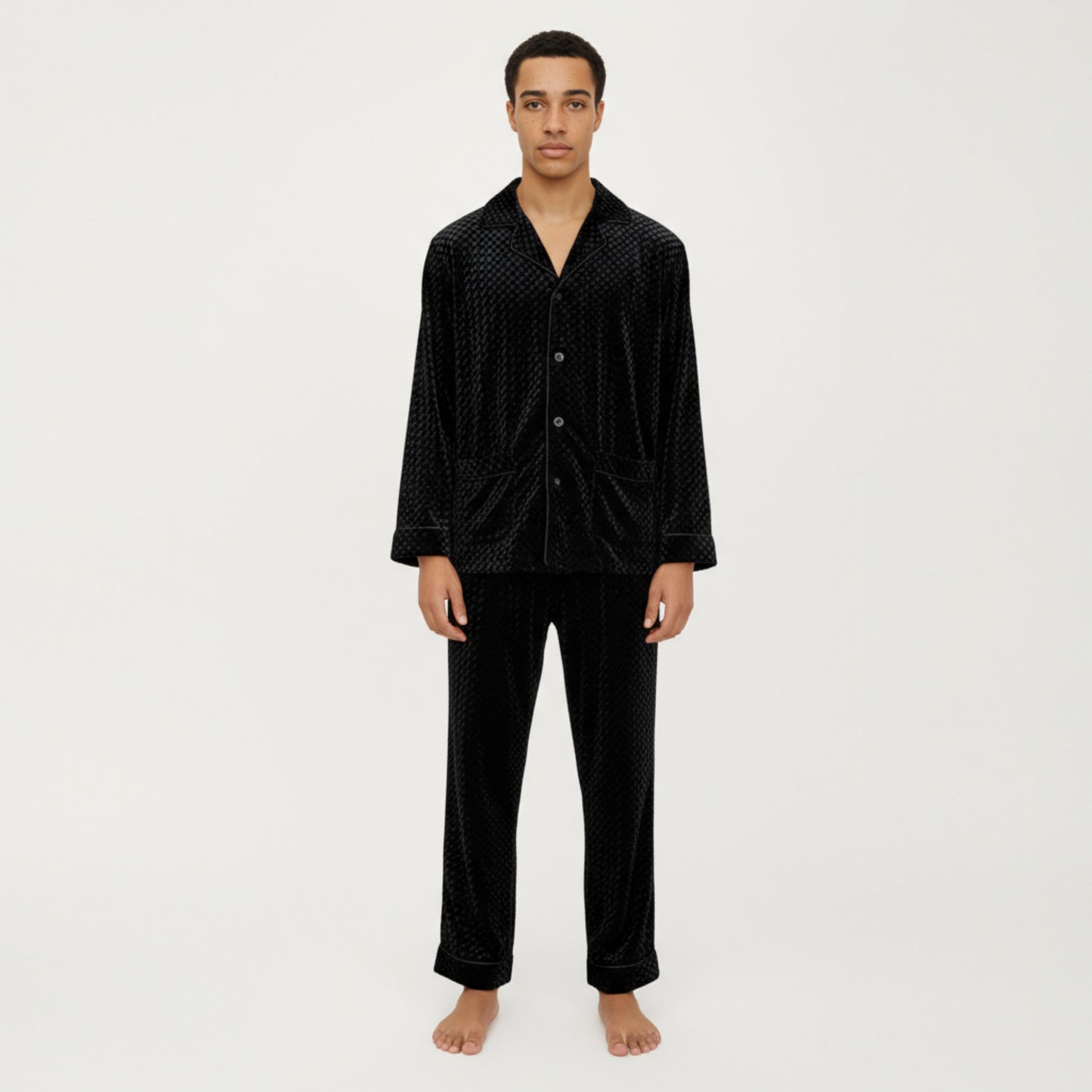 Anna-Kaci Men's 2-Piece Set Textured Velvet Pajamas with Button-Up Top and Straight-Leg Pants