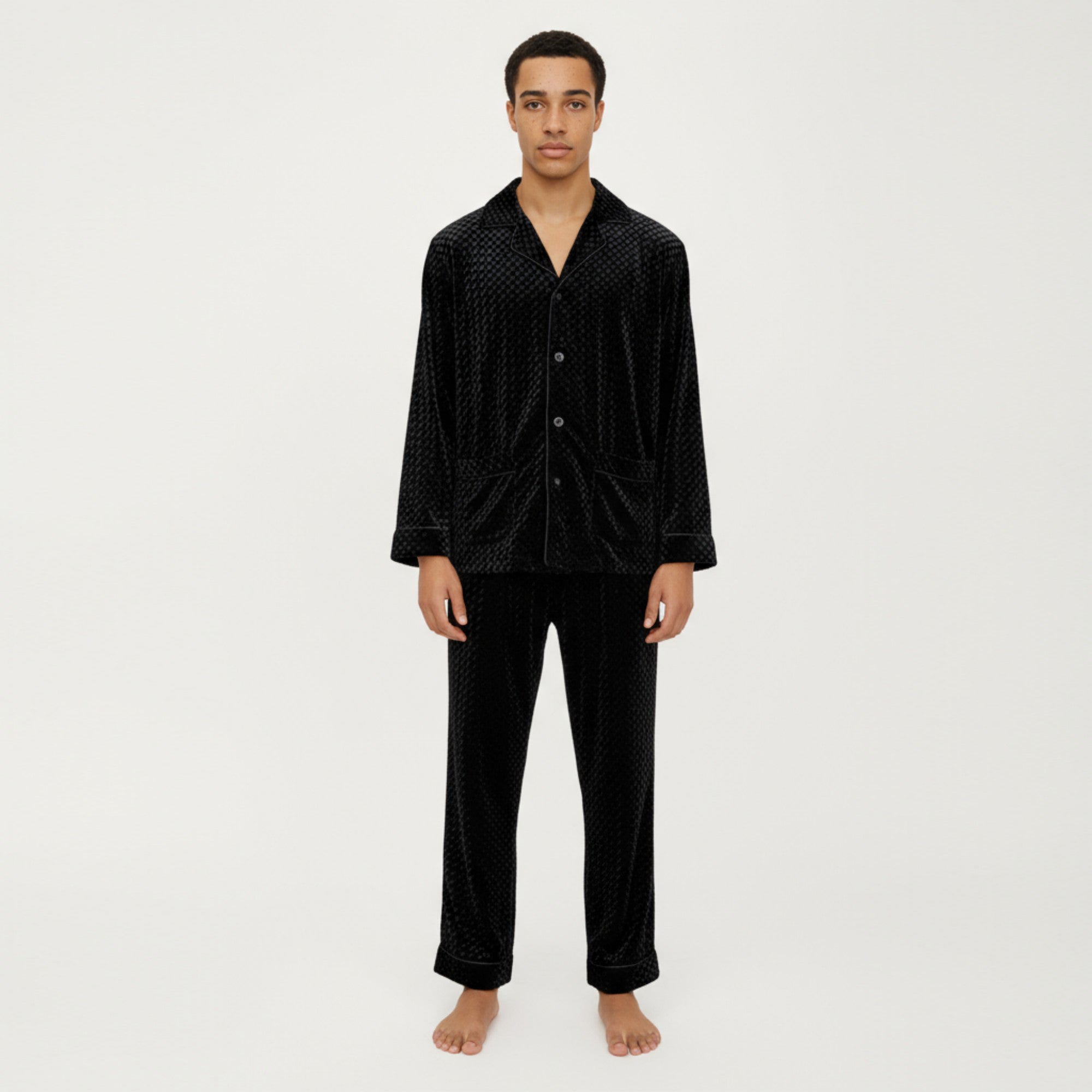 Anna-Kaci Men's 2-Piece Set Textured Velvet Pajamas with Button-Up Top and Straight-Leg Pants