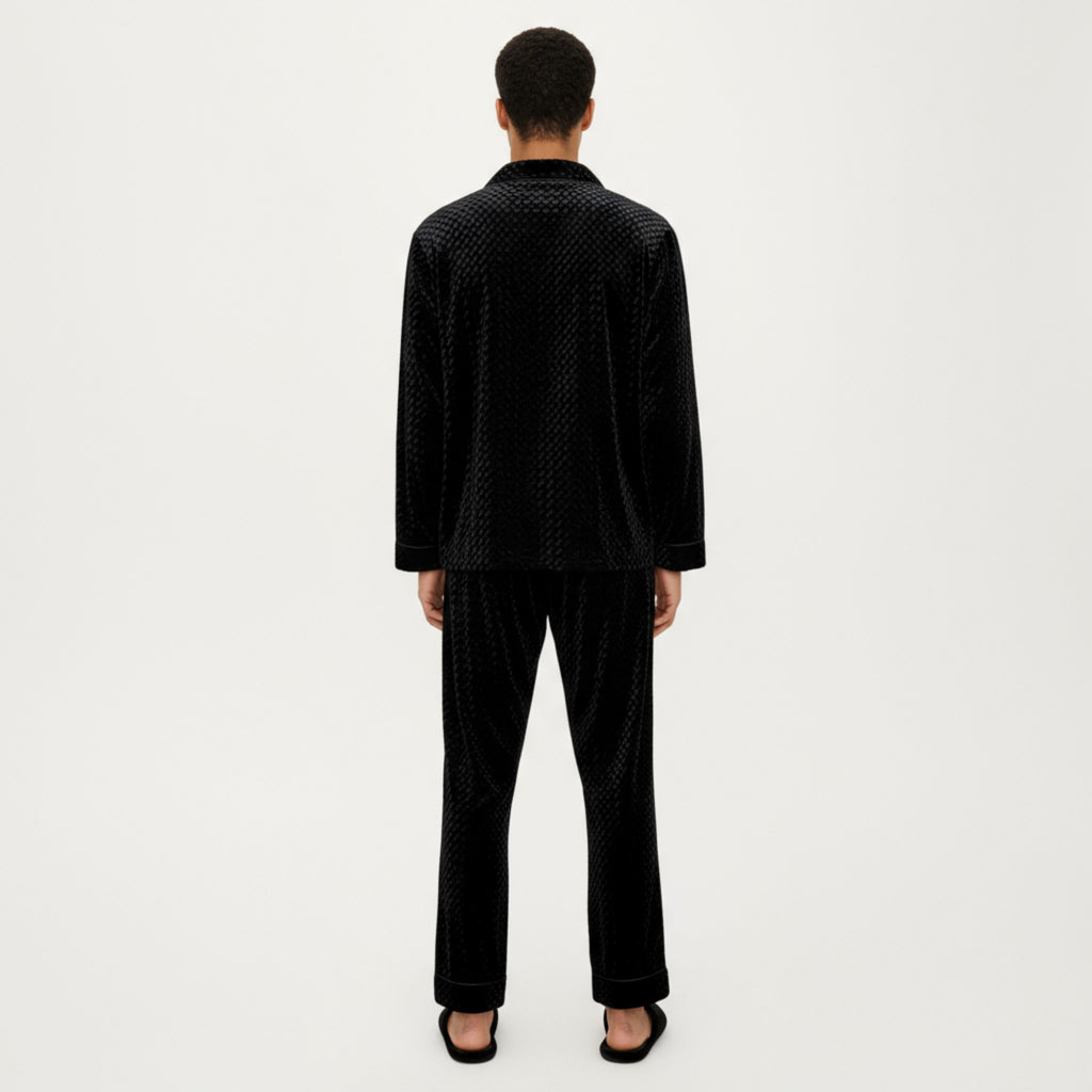 Anna-Kaci Men's 2-Piece Set Textured Velvet Pajamas with Button-Up Top and Straight-Leg Pants