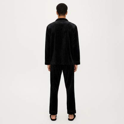 Anna-Kaci Men's 2-Piece Set Textured Velvet Pajamas with Button-Up Top and Straight-Leg Pants
