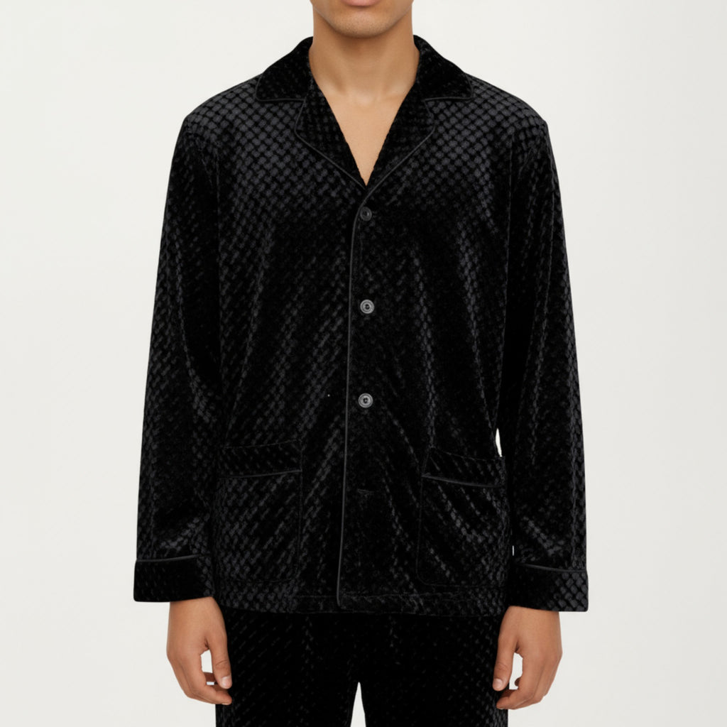 Anna-Kaci Men's 2-Piece Set Textured Velvet Pajamas with Button-Up Top and Straight-Leg Pants