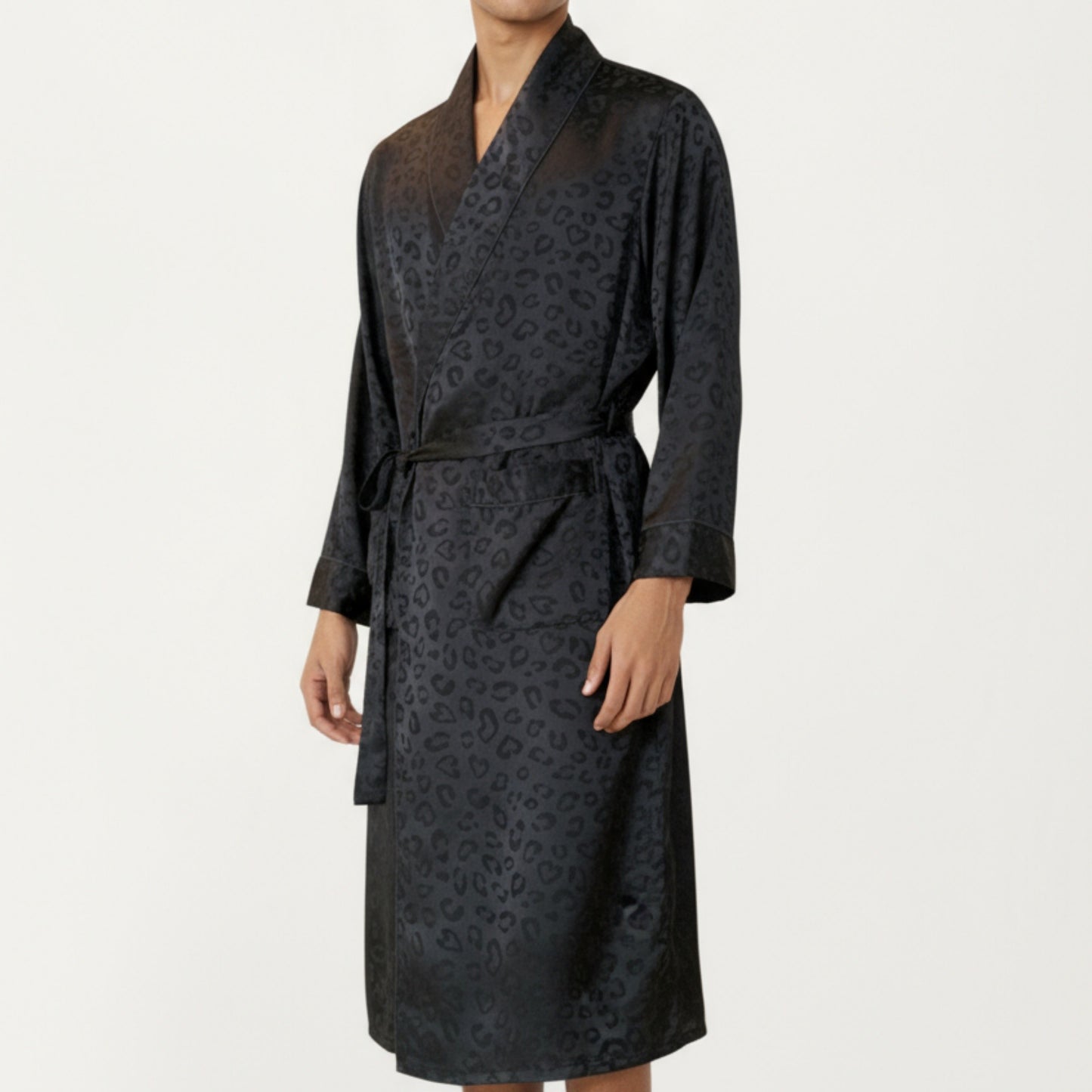 Anna-Kaci Men's Leopard Print Satin Robe with Waist Tie and Front Pockets