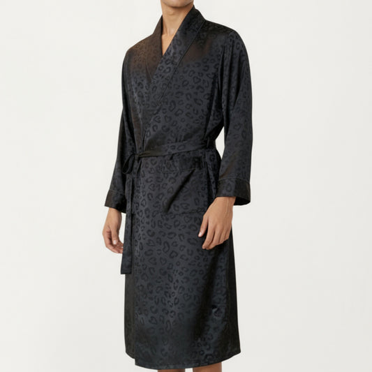 Anna-Kaci Men's Leopard Print Satin Robe with Waist Tie and Front Pockets