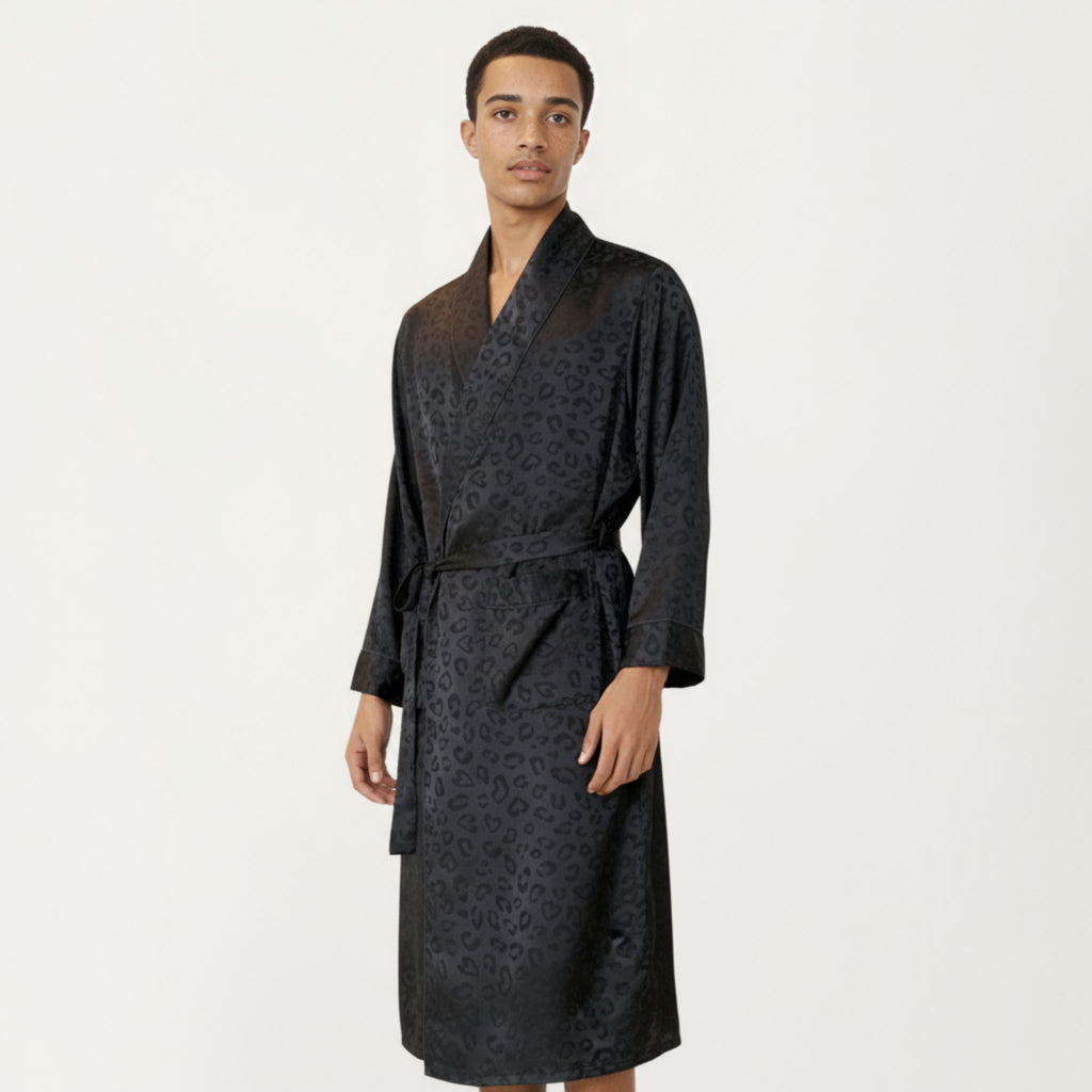 Anna-Kaci Men's Leopard Print Satin Robe with Waist Tie and Front Pockets