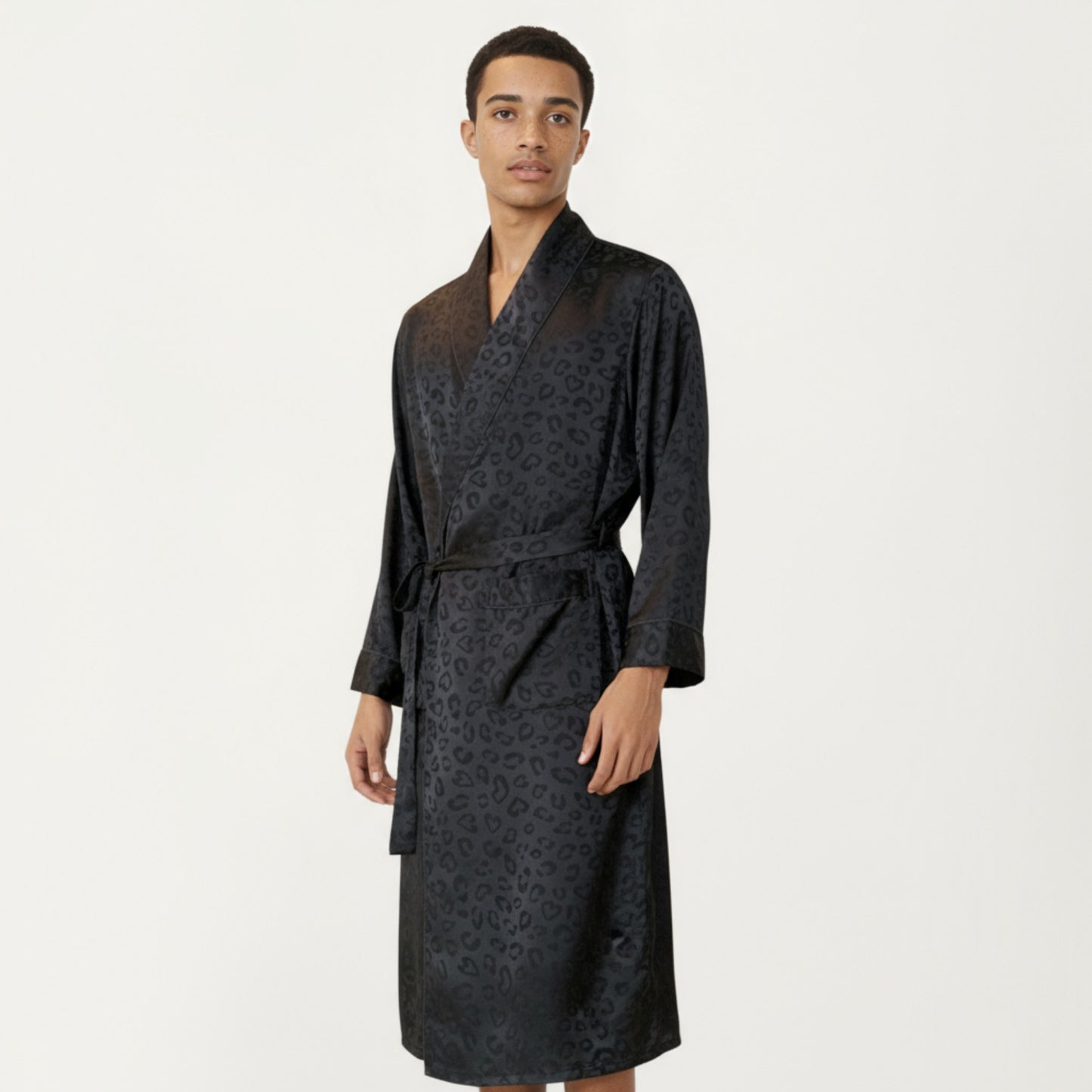 Anna-Kaci Men's Leopard Print Satin Robe with Waist Tie and Front Pockets