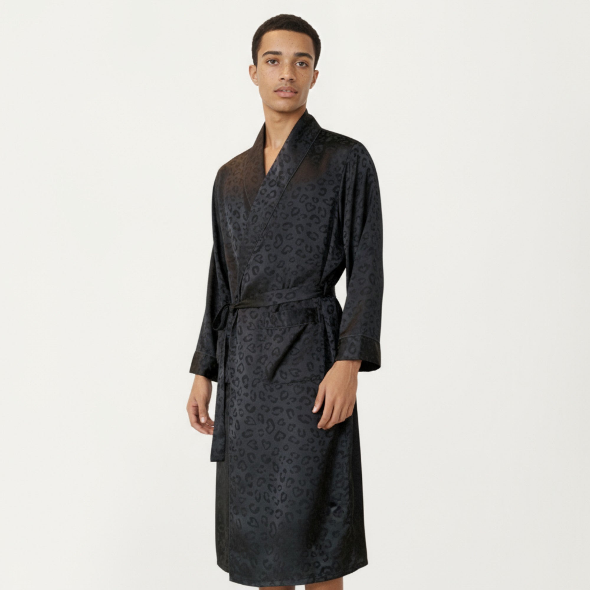 Anna-Kaci Men's Leopard Print Satin Robe with Waist Tie and Front Pockets