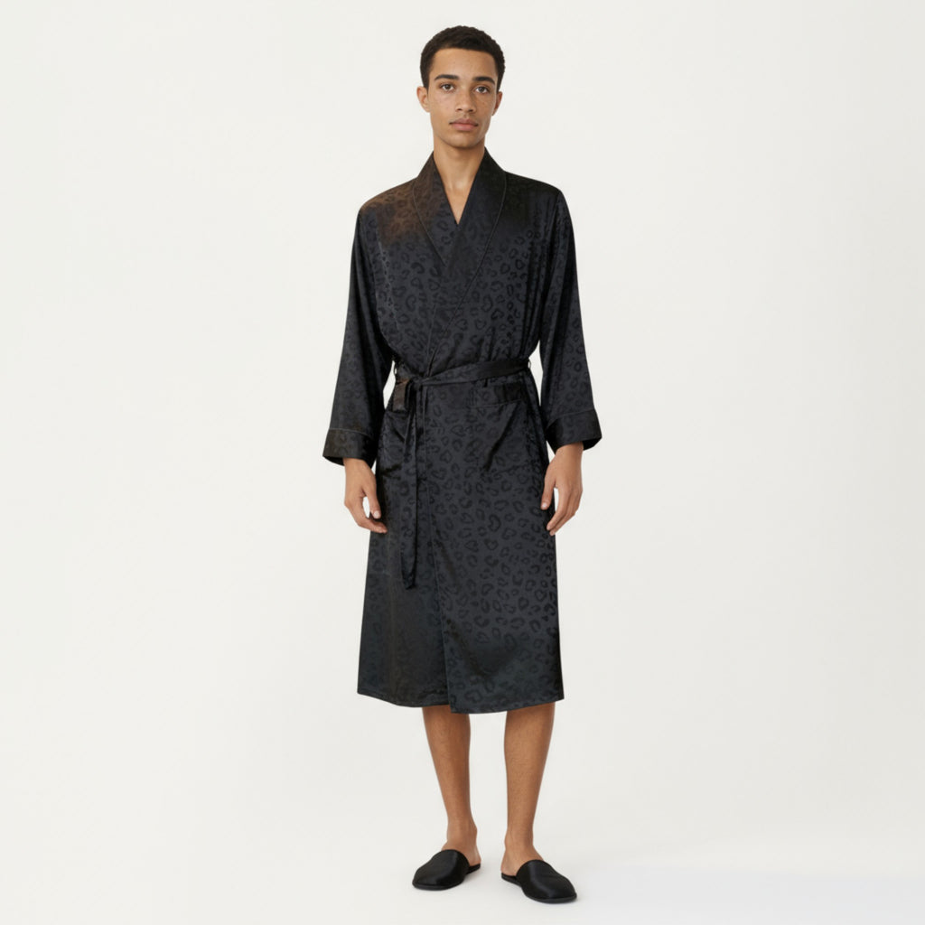 Anna-Kaci Men's Leopard Print Satin Robe with Waist Tie and Front Pockets