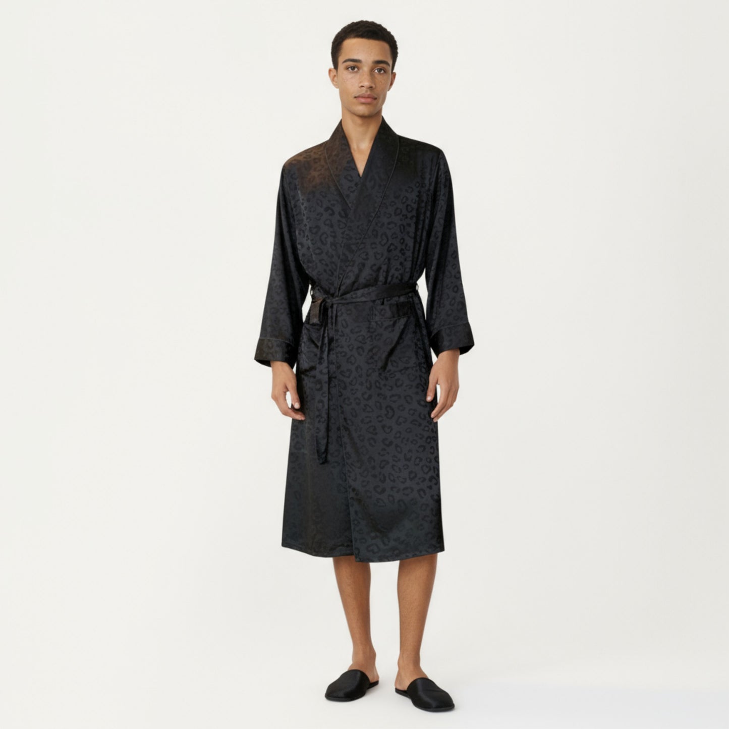 Anna-Kaci Men's Leopard Print Satin Robe with Waist Tie and Front Pockets