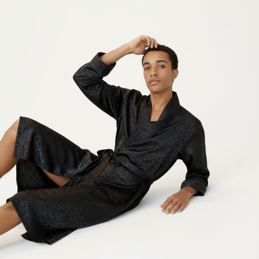Anna-Kaci Men's Leopard Print Satin Robe with Waist Tie and Front Pockets