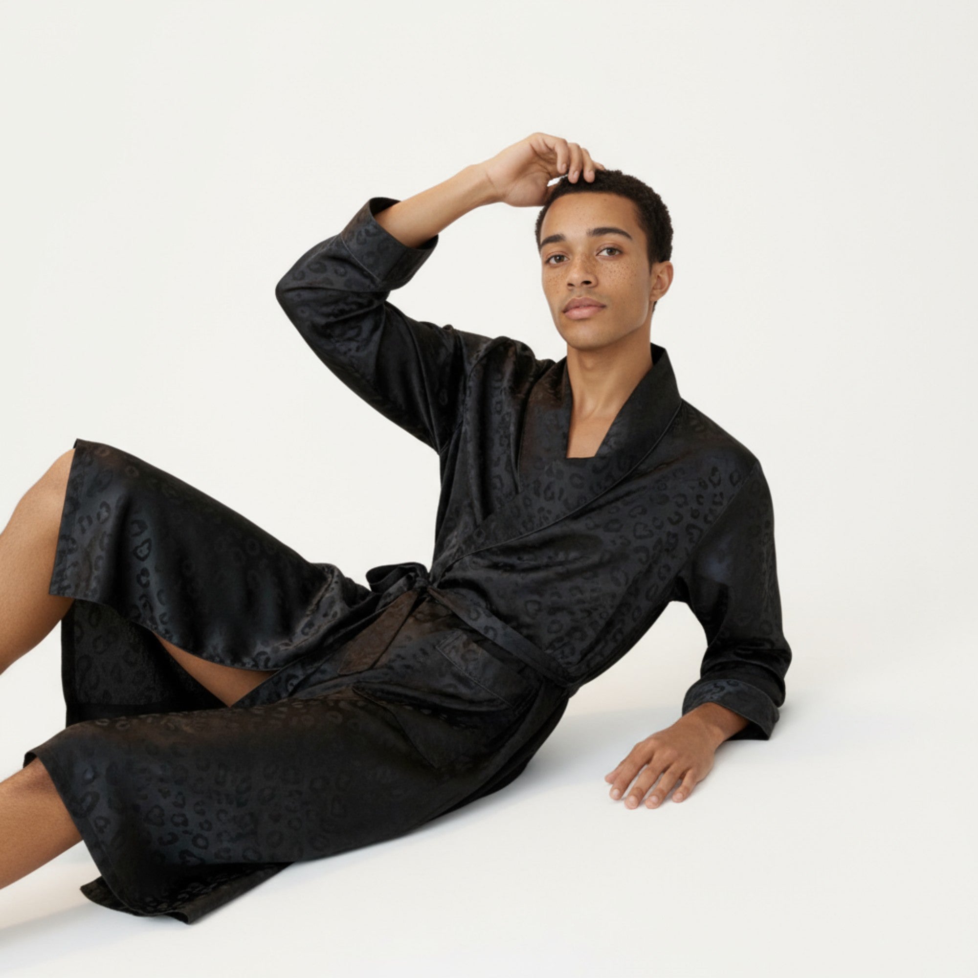 Anna-Kaci Men's Leopard Print Satin Robe with Waist Tie and Front Pockets