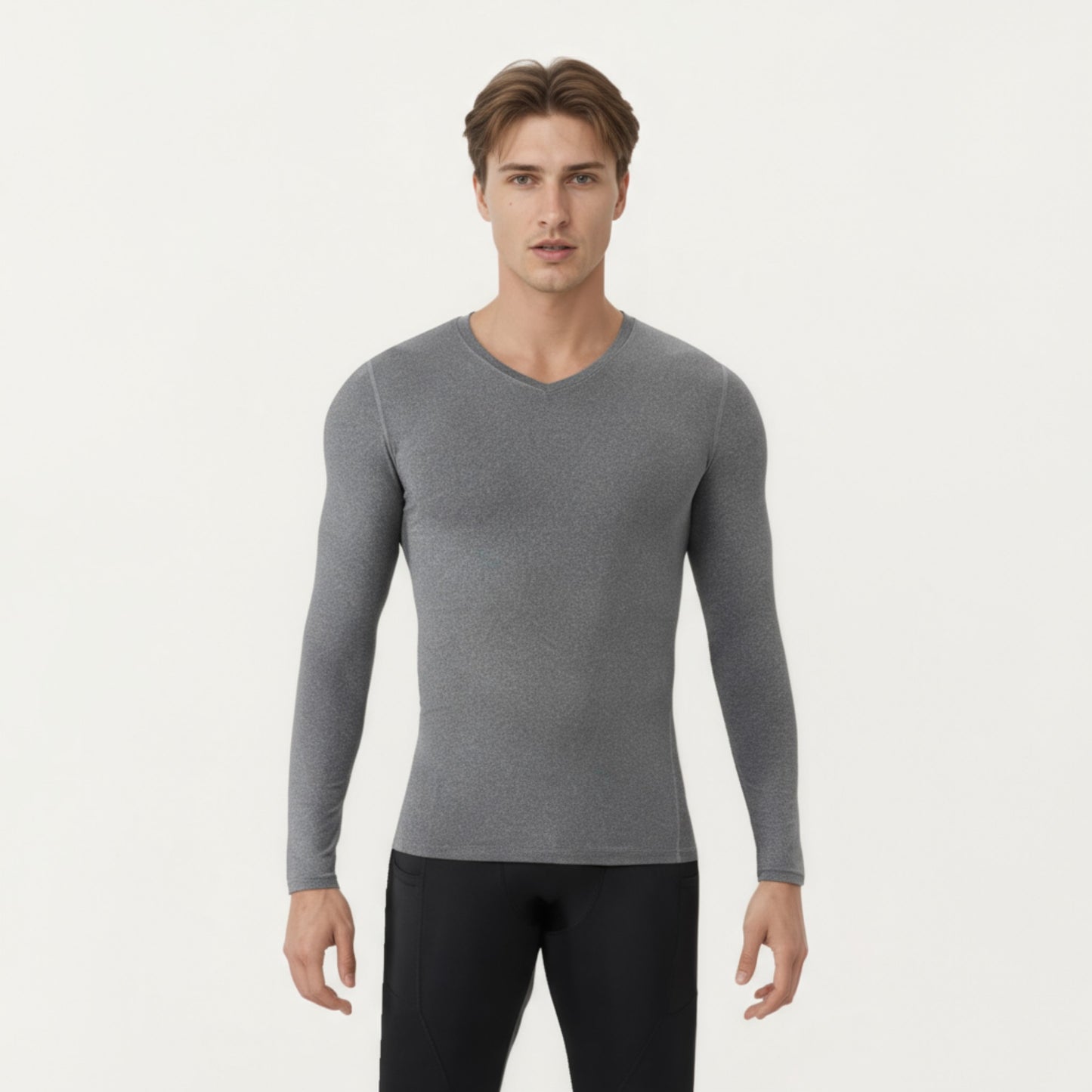 Anna-Kaci Men's Long Sleeve Compression Athletic Shirt with Stretch Fabric and V-Neck Design