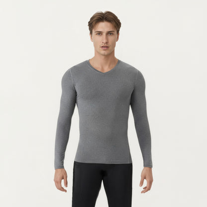 Anna-Kaci Men's Long Sleeve Compression Athletic Shirt with Stretch Fabric and V-Neck Design
