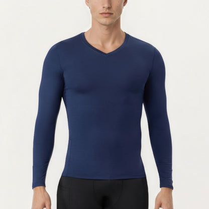 Anna-Kaci Men's Long Sleeve Compression Athletic Shirt with Stretch Fabric and V-Neck Design