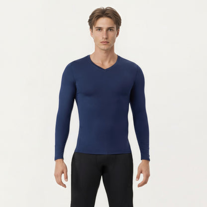 Anna-Kaci Men's Long Sleeve Compression Athletic Shirt with Stretch Fabric and V-Neck Design
