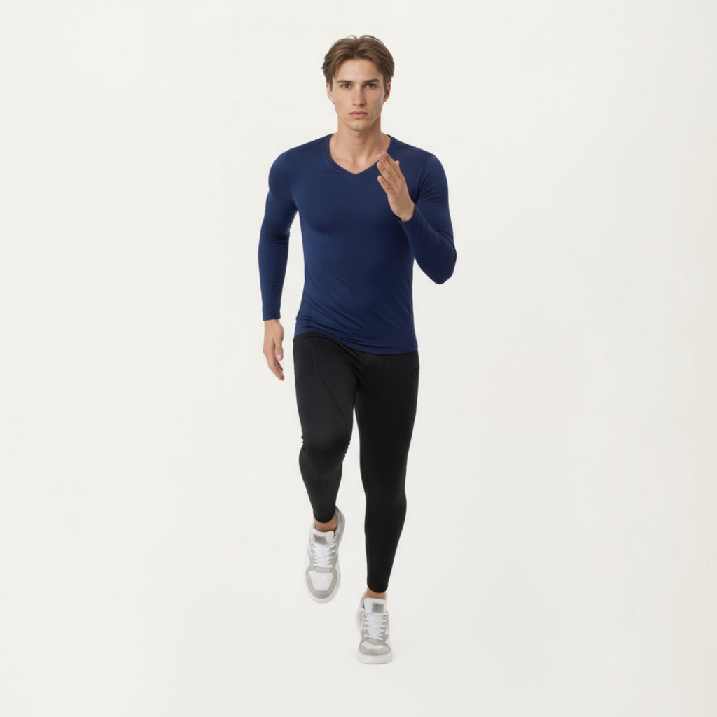 Anna-Kaci Men's Long Sleeve Compression Athletic Shirt with Stretch Fabric and V-Neck Design
