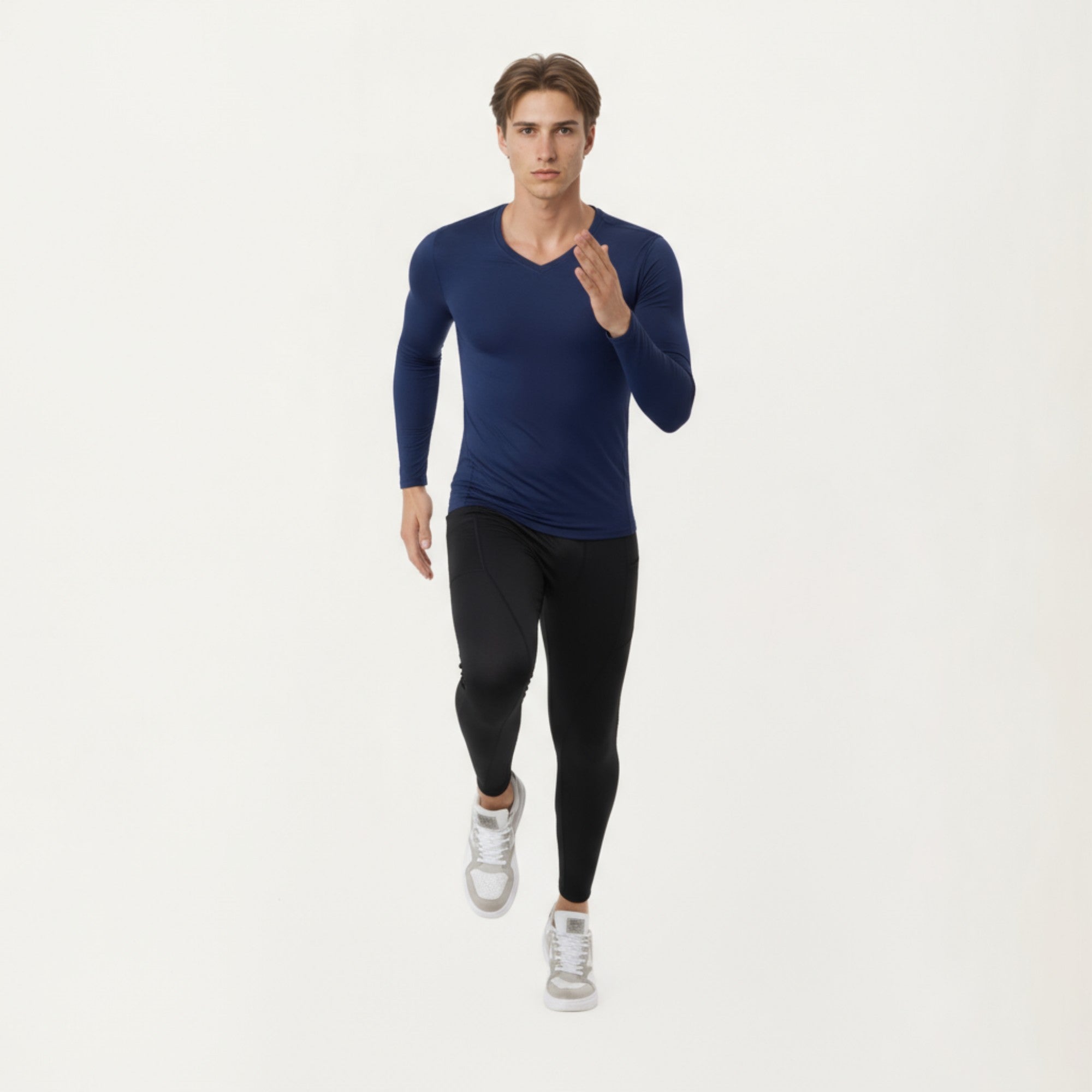 Anna-Kaci Men's Long Sleeve Compression Athletic Shirt with Stretch Fabric and V-Neck Design