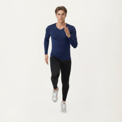Anna-Kaci Men's Long Sleeve Compression Athletic Shirt with Stretch Fabric and V-Neck Design