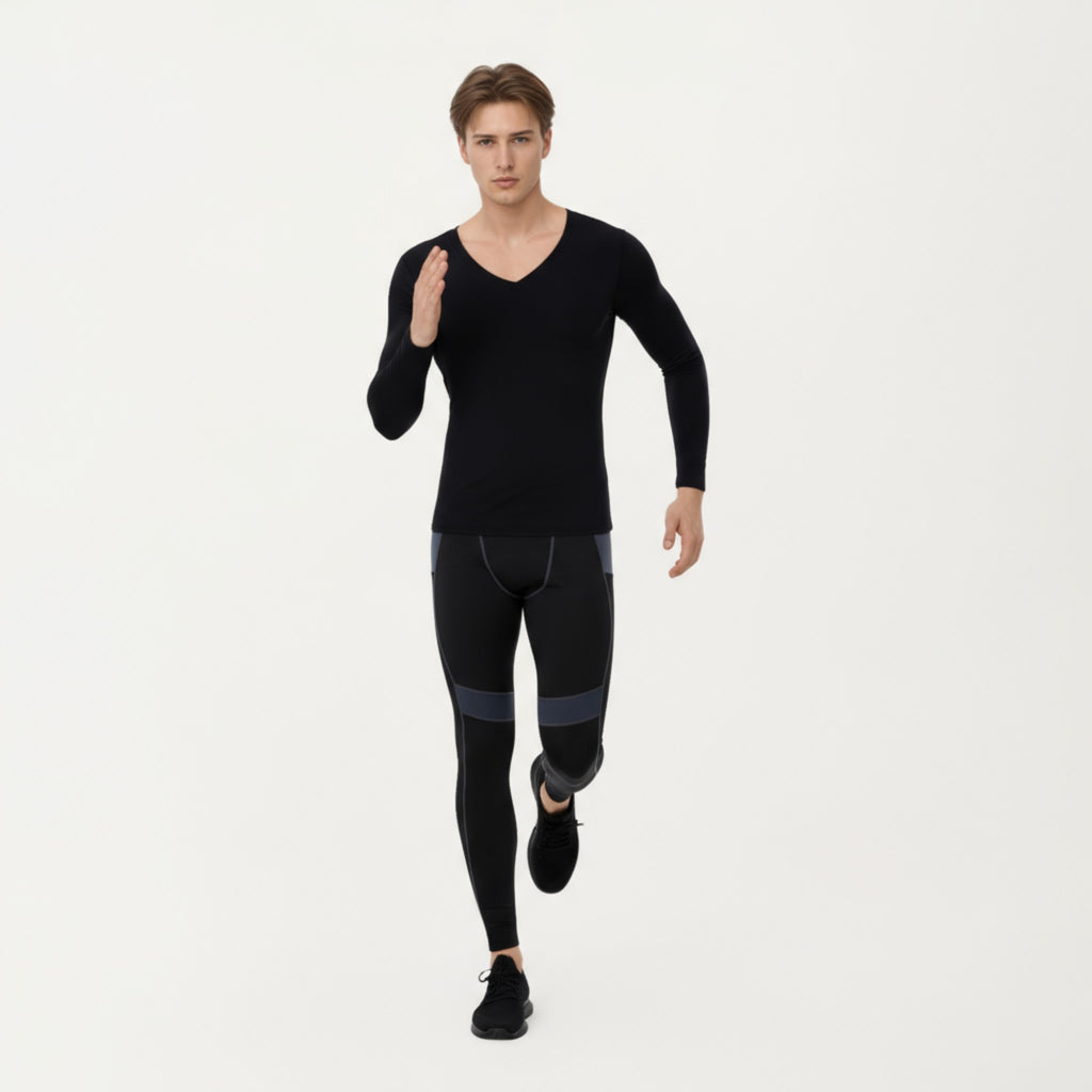 Anna-Kaci Men's Long Sleeve V-Neck Compression Shirt with Stretch Performance Fabric and Athletic Fit