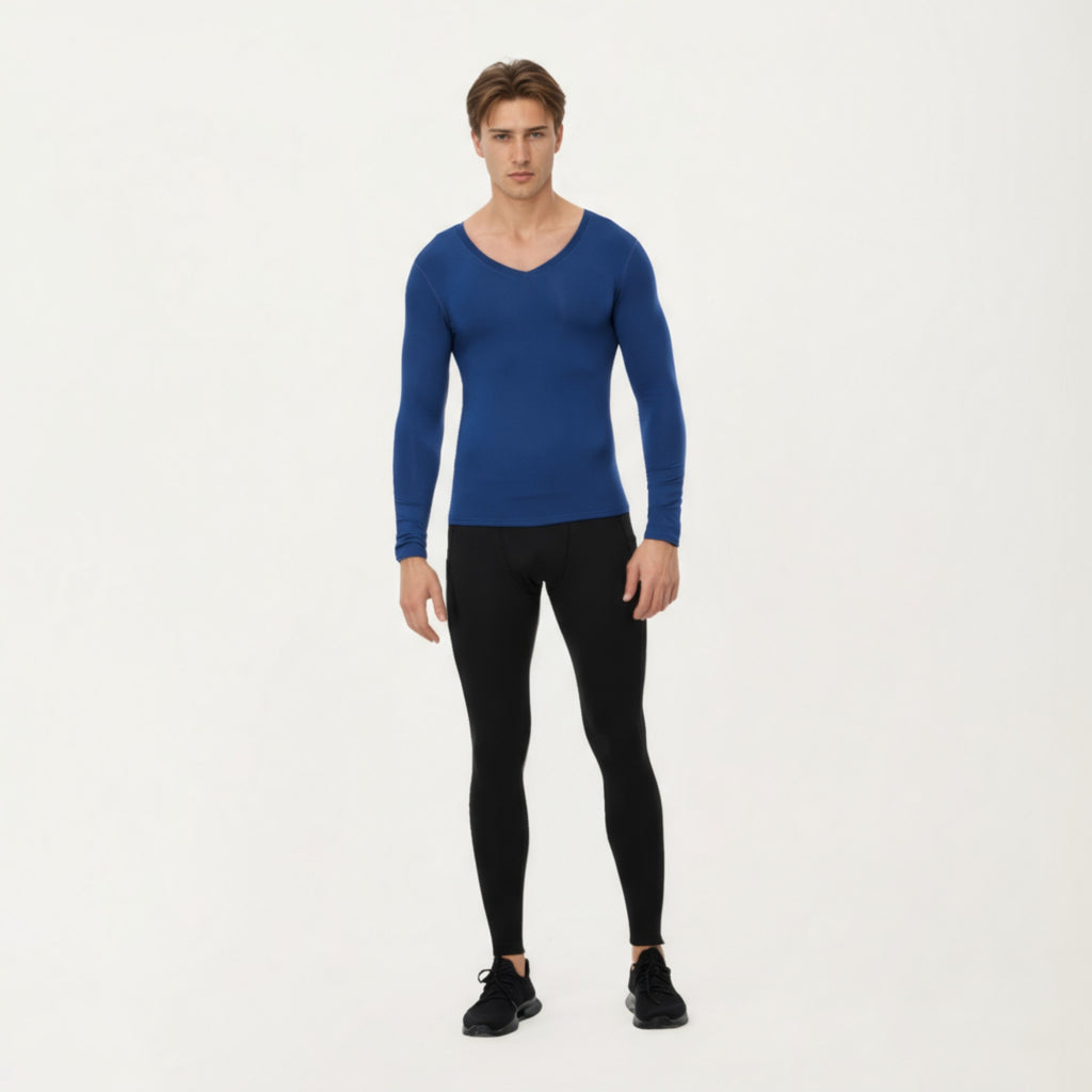 Anna-Kaci Men's Long Sleeve V-Neck Compression Shirt with Stretch Performance Fabric and Athletic Fit