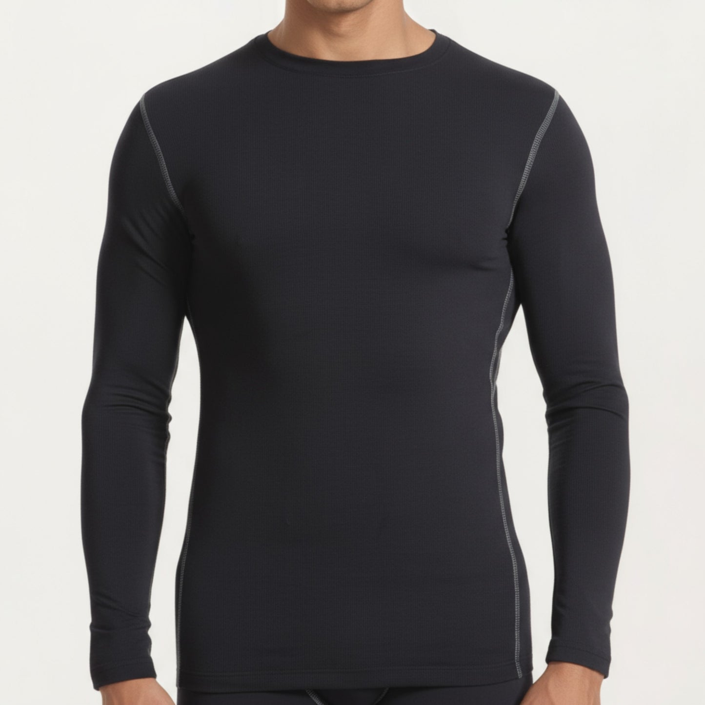Anna-Kaci Men's Long Sleeve Crew Neck Compression Athletic Top with Stretch Fabric and Contrast Stitching