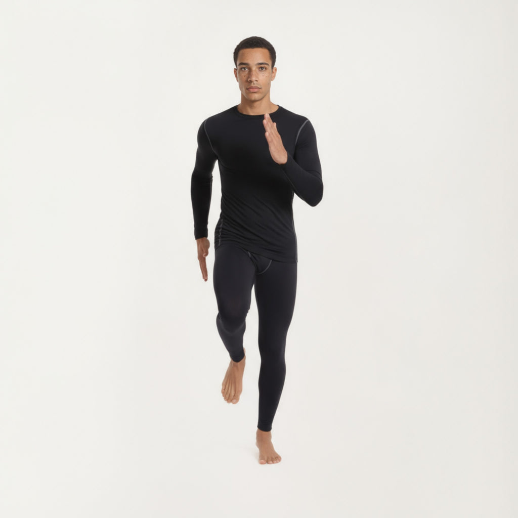 Anna-Kaci Men's Long Sleeve Crew Neck Compression Athletic Top with Stretch Fabric and Contrast Stitching