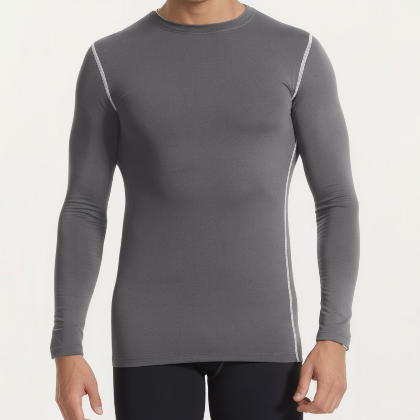 Anna-Kaci Men's Long Sleeve Crew Neck Compression Athletic Top with Stretch Fabric and Contrast Stitching