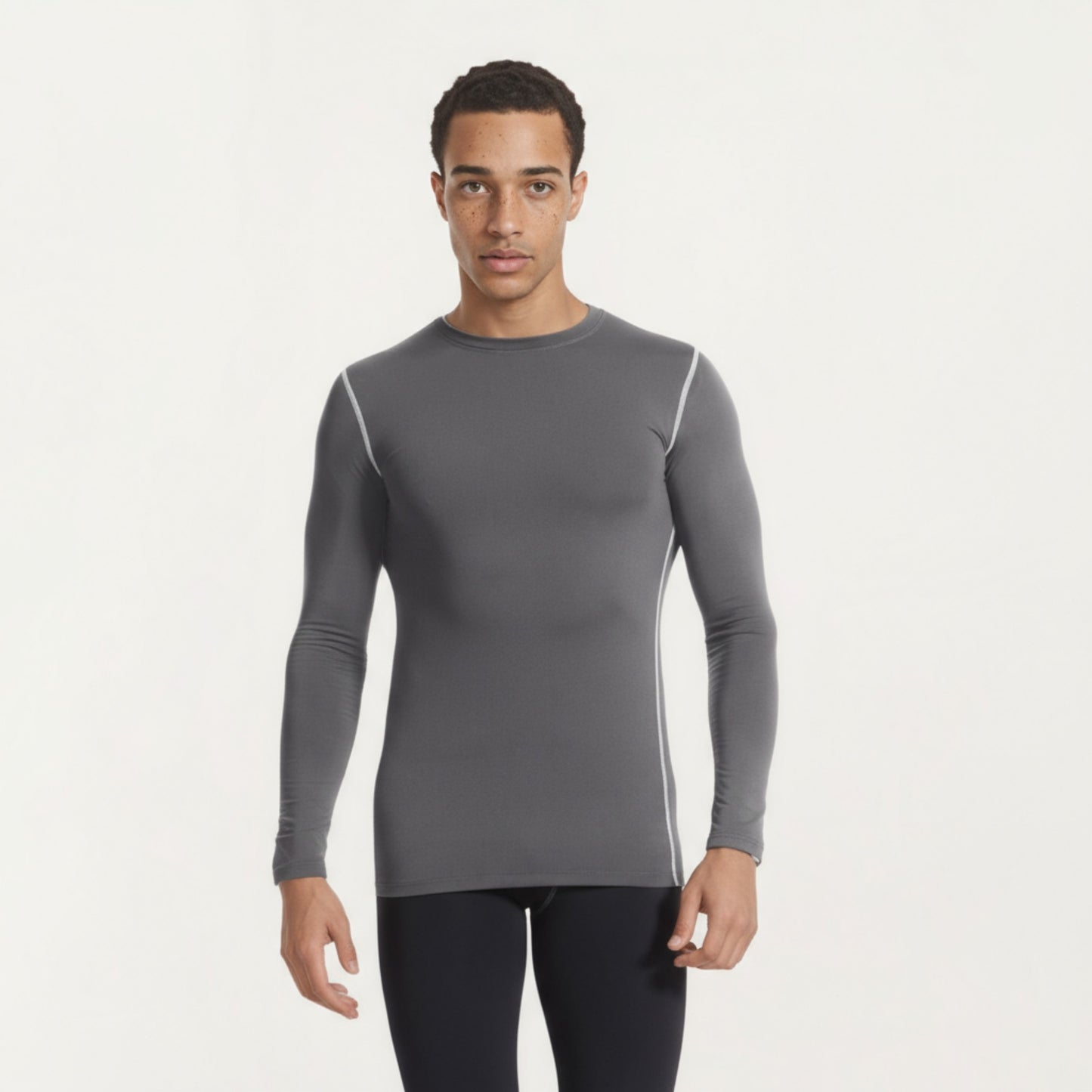 Anna-Kaci Men's Long Sleeve Crew Neck Compression Athletic Top with Stretch Fabric and Contrast Stitching