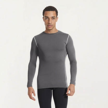 Anna-Kaci Men's Long Sleeve Crew Neck Compression Athletic Top with Stretch Fabric and Contrast Stitching