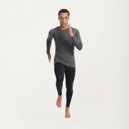 Anna-Kaci Men's Long Sleeve Crew Neck Compression Athletic Top with Stretch Fabric and Contrast Stitching