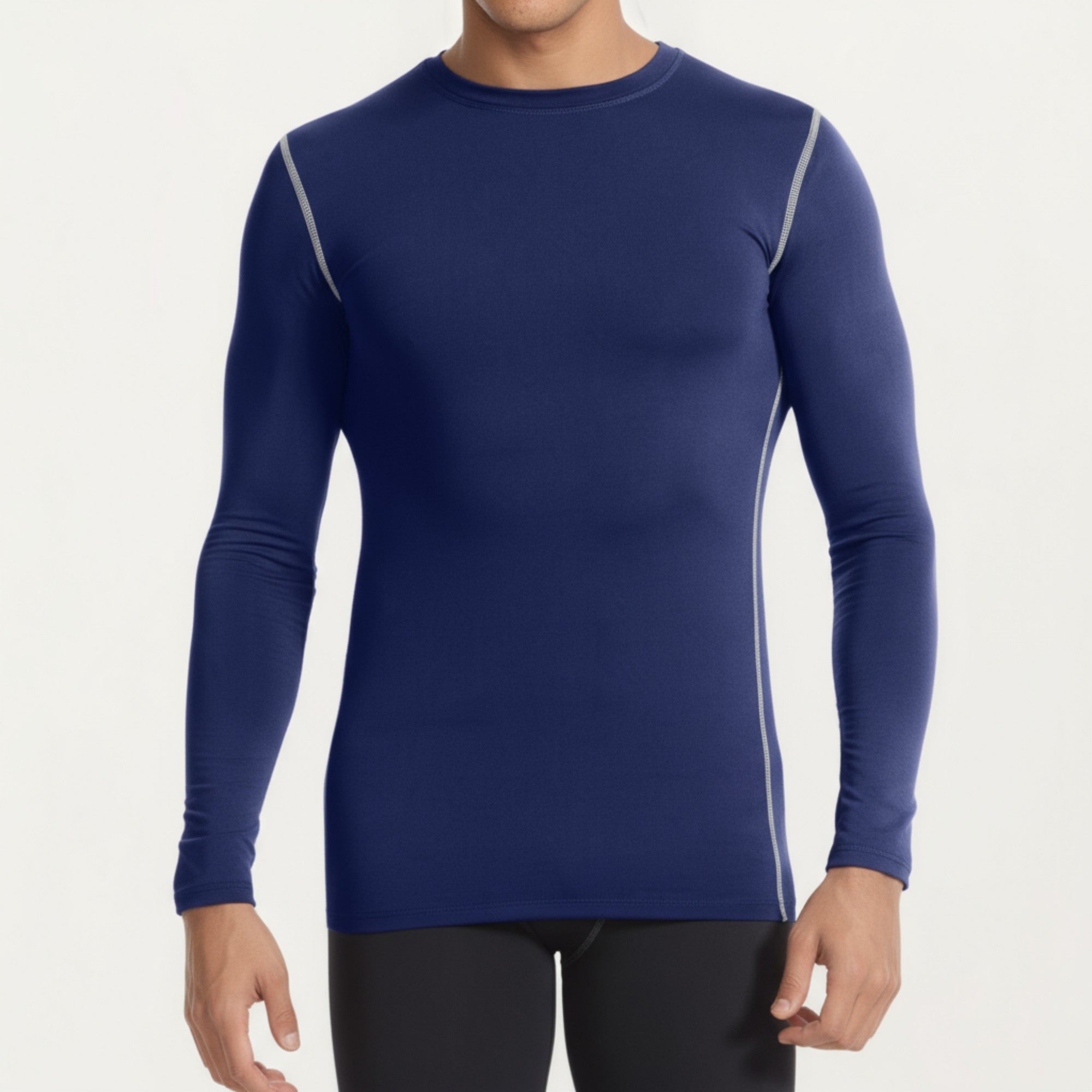 Anna-Kaci Men's Long Sleeve Crew Neck Compression Athletic Top with Stretch Fabric and Contrast Stitching