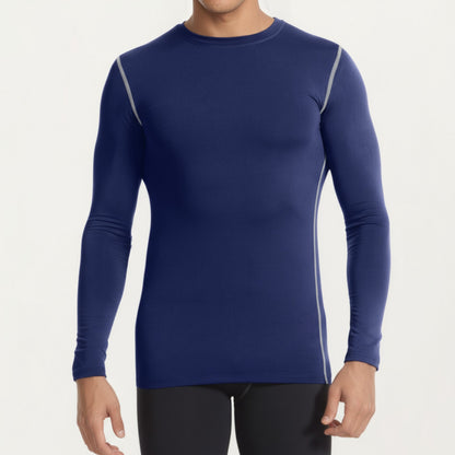 Anna-Kaci Men's Long Sleeve Crew Neck Compression Athletic Top with Stretch Fabric and Contrast Stitching