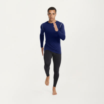 Anna-Kaci Men's Long Sleeve Crew Neck Compression Athletic Top with Stretch Fabric and Contrast Stitching