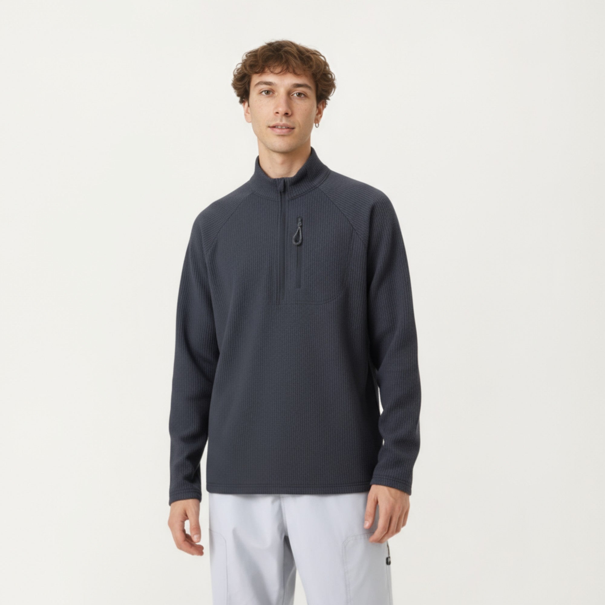 Anna-Kaci Men's Long Sleeve Quarter Zip Fleece Pullover with Mock Neck and Textured Waffle Knit Fabric