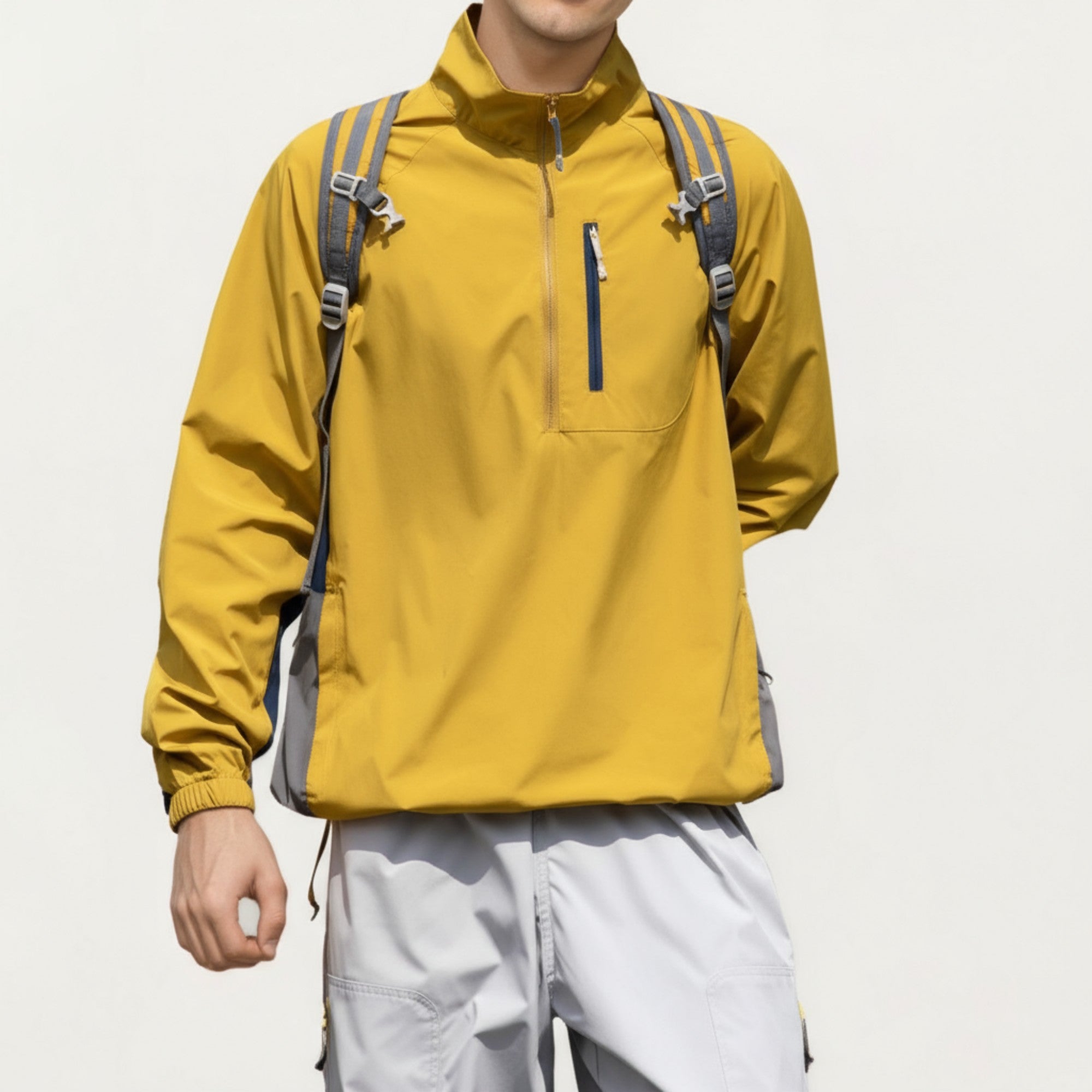 Anna-Kaci Men's Long Sleeve Quarter Zip Windbreaker Pullover with Elastic Cuffs and Zipper Chest Pocket