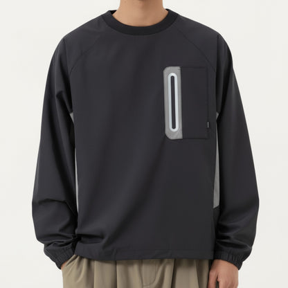 Anna-Kaci Men's Long Sleeve Pullover Crew Neck Top with Contrast Zipper Chest Pocket and Elastic Cuffs