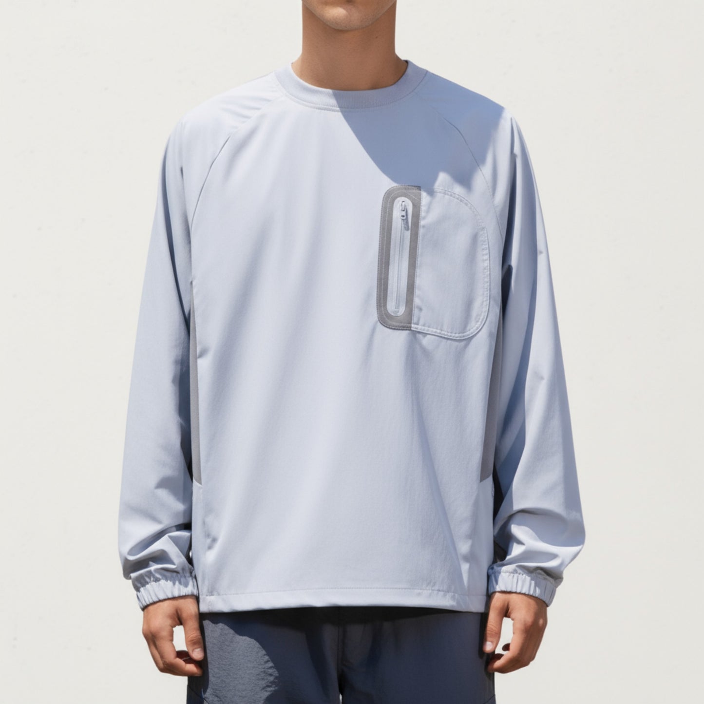 Anna-Kaci Men's Long Sleeve Pullover Crew Neck Top with Contrast Zipper Chest Pocket and Elastic Cuffs