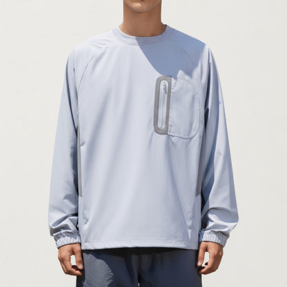 Anna-Kaci Men's Long Sleeve Pullover Crew Neck Top with Contrast Zipper Chest Pocket and Elastic Cuffs