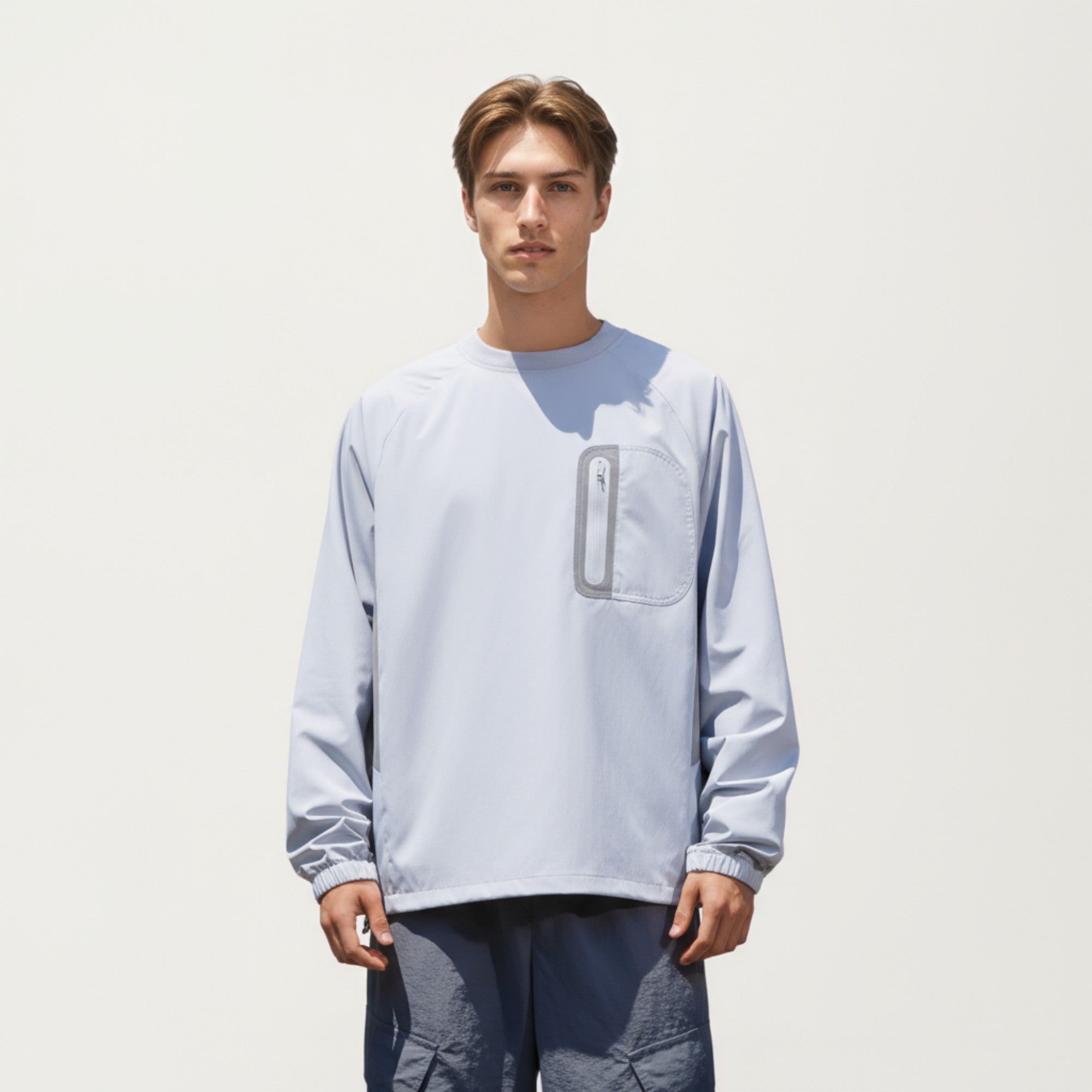 Anna-Kaci Men's Long Sleeve Pullover Crew Neck Top with Contrast Zipper Chest Pocket and Elastic Cuffs
