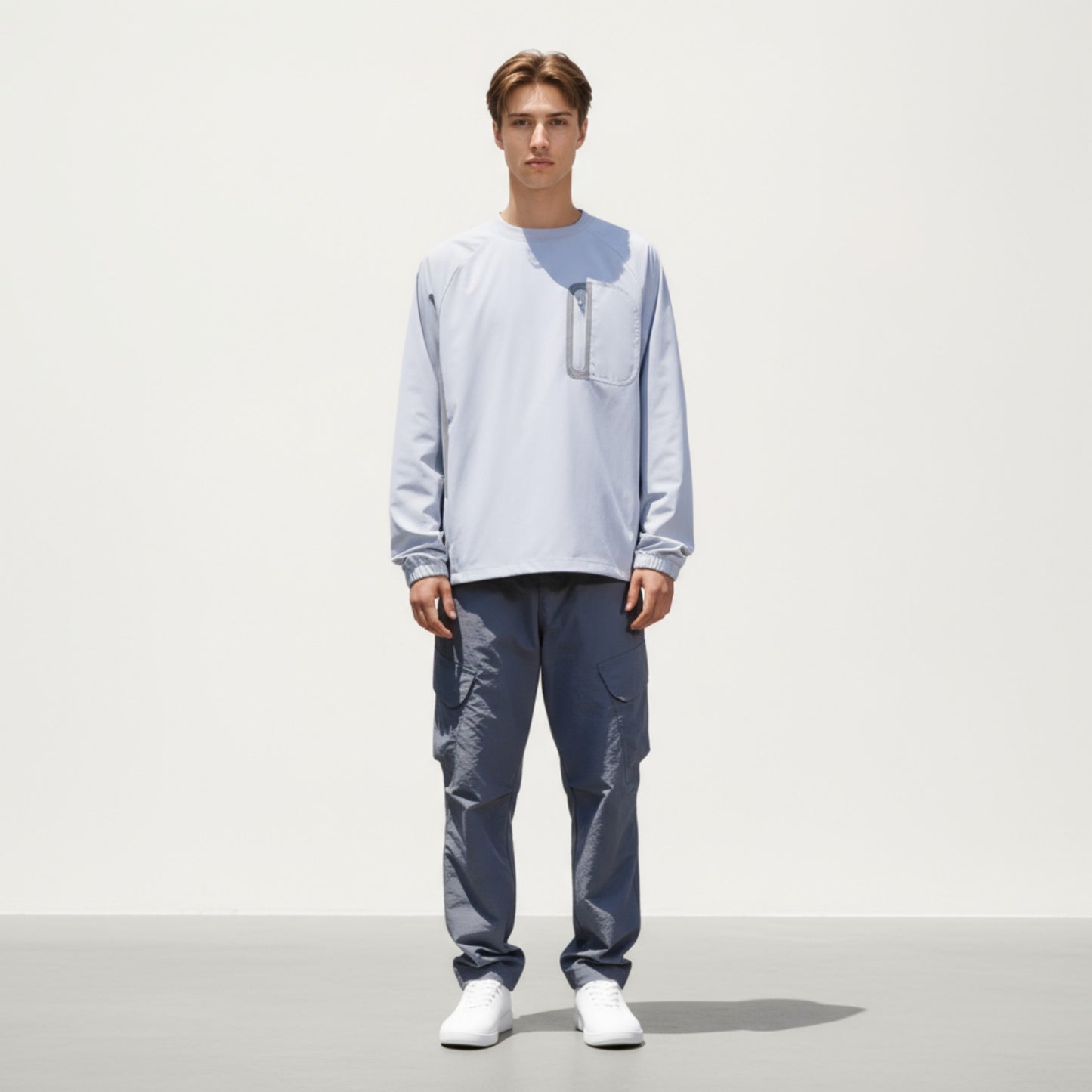 Anna-Kaci Men's Long Sleeve Pullover Crew Neck Top with Contrast Zipper Chest Pocket and Elastic Cuffs