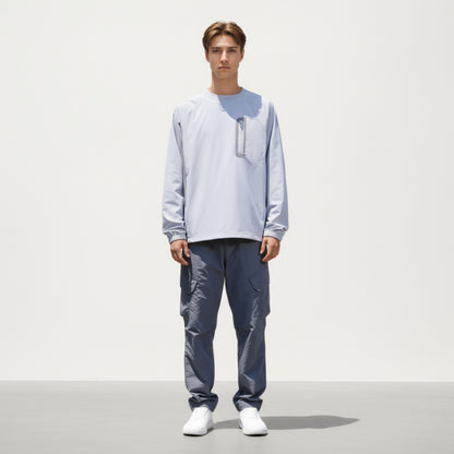 Anna-Kaci Men's Long Sleeve Pullover Crew Neck Top with Contrast Zipper Chest Pocket and Elastic Cuffs